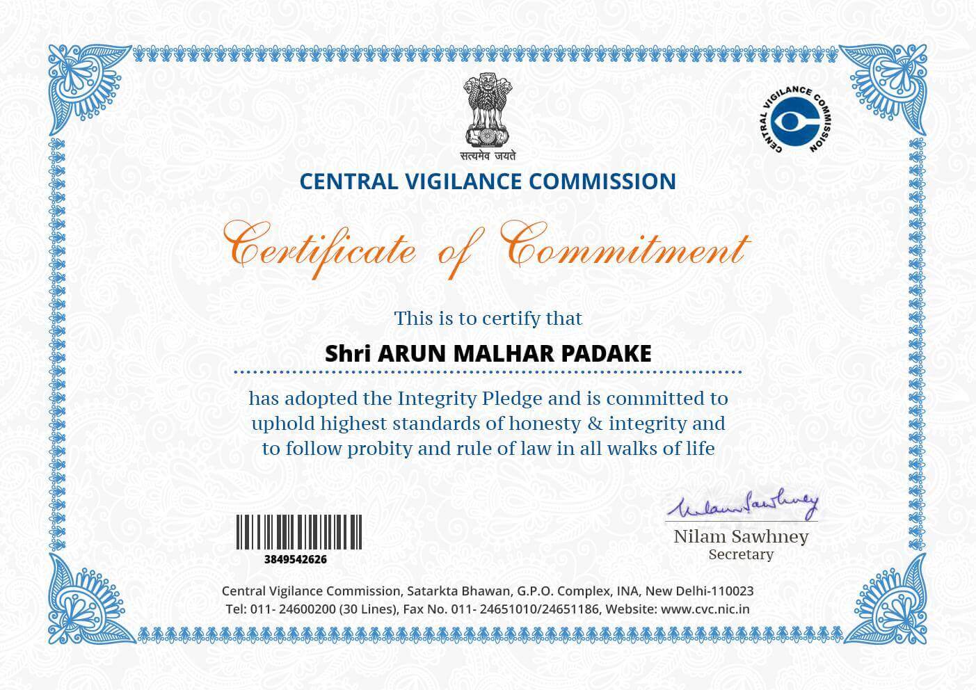 Commitment Certificatefrom Government of India
