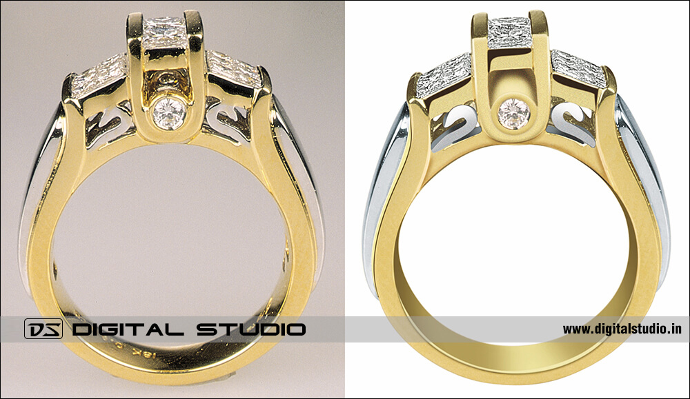 before and after high level editing of diamond ring for perfect final output for catalog