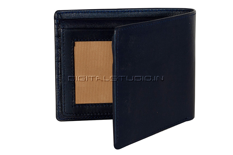 Half open blue leather wallet