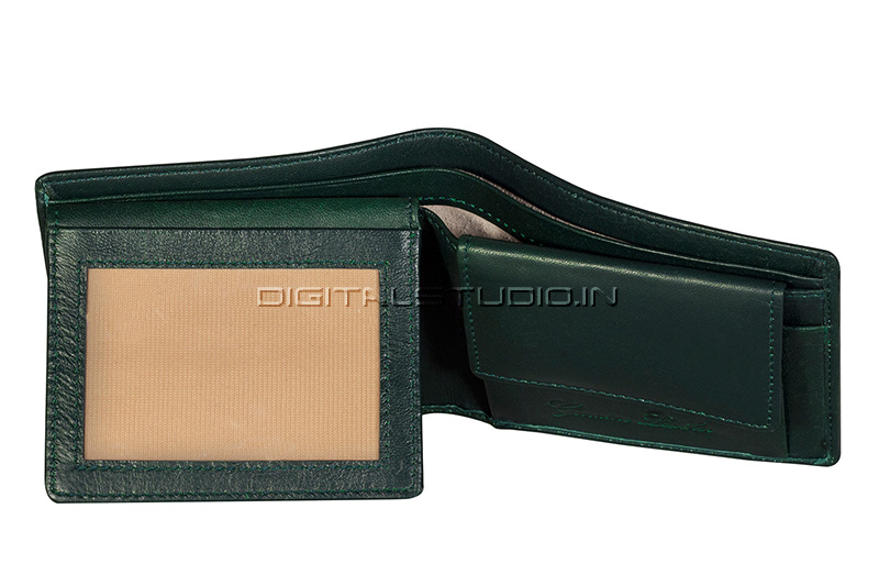 Credit card window section of a green leather wallet