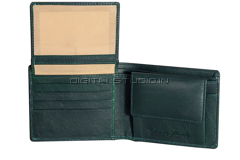 Inside of a green leather wallet