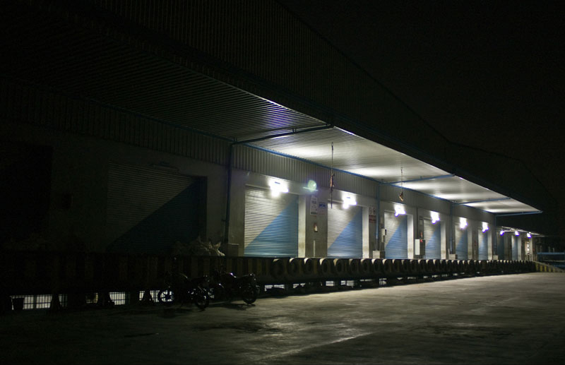 Night photograph of a warehouse
