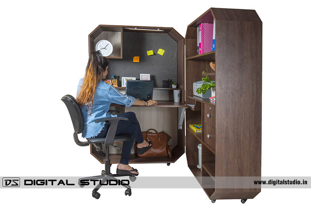 model working on work from home cabinet