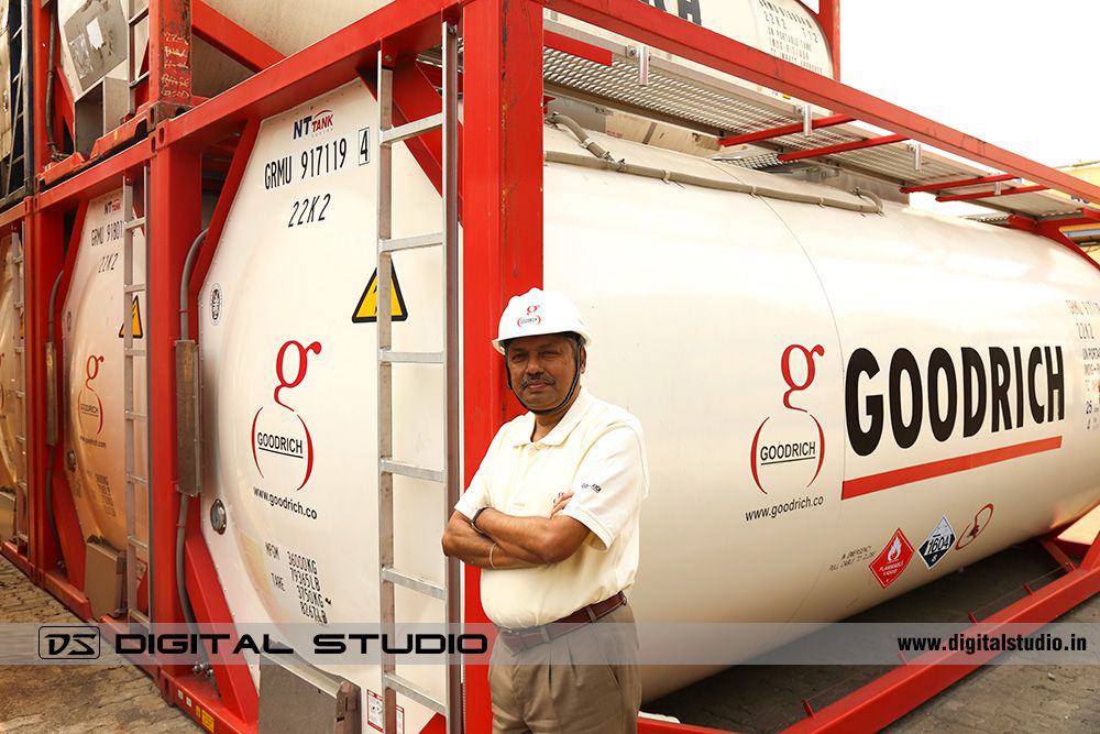 MD Gopal wearing helmet at Goodrich Container yeard at Taloja