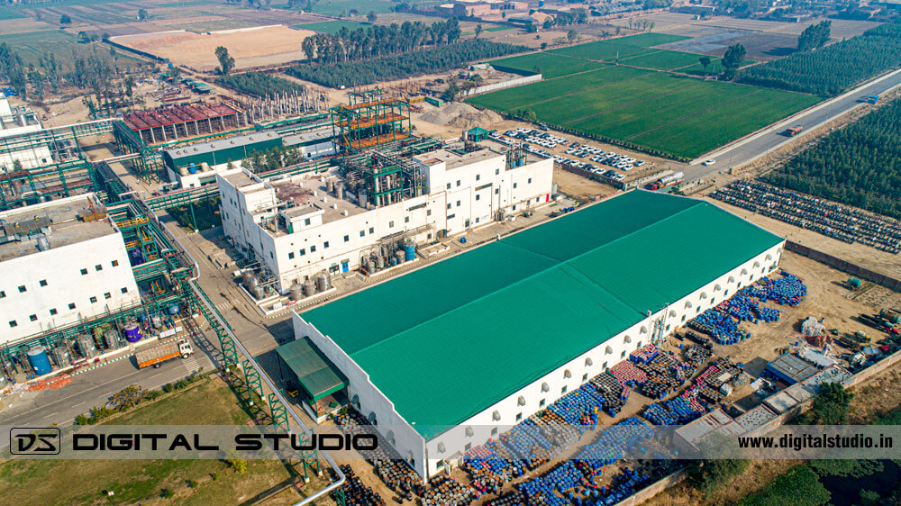 Bird's eye view of a chemical plant - Drone shot