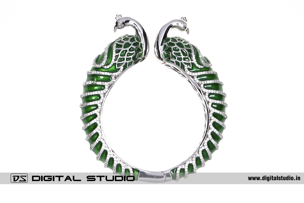 Green peacock pure silver bangle with American diamonds