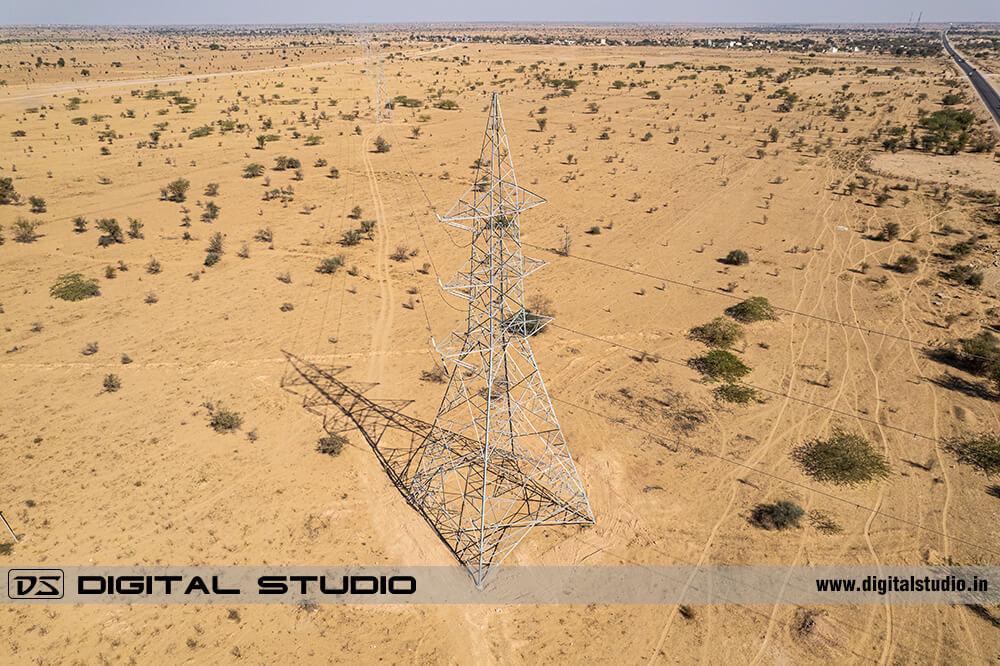 Drone photo of high voltage transmission tower