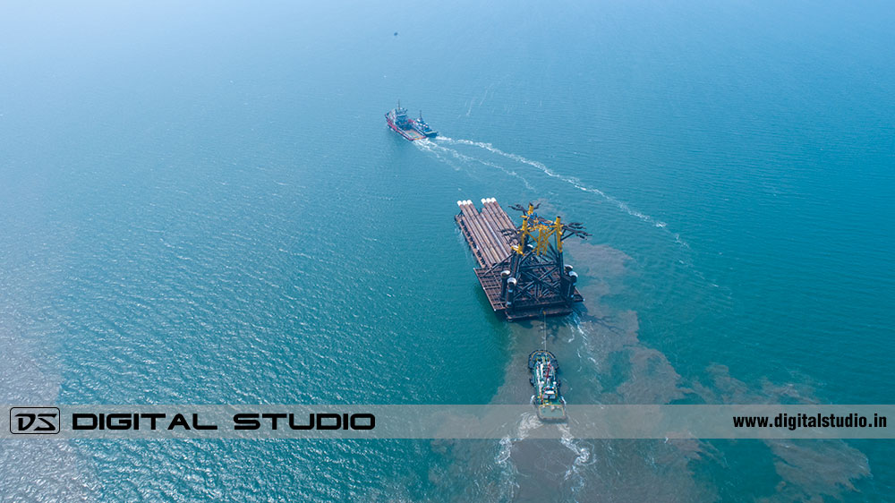 Wide angle drone shot of a cargo ship