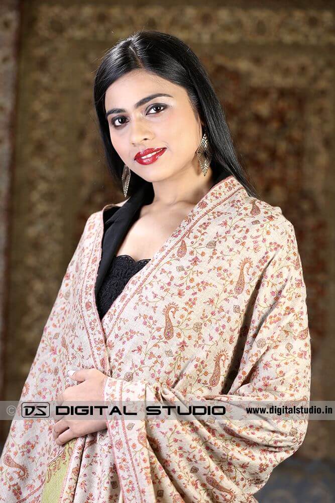 Model wearing embroidered pure pashmina shawl 