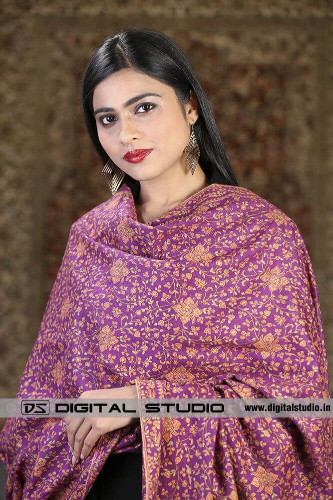 Model wearing pure pashmina embroidered 