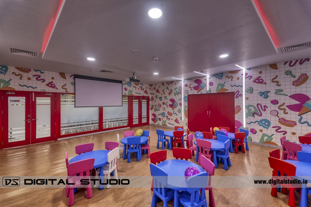 Children party hall HDR photograph with tables and chairs
