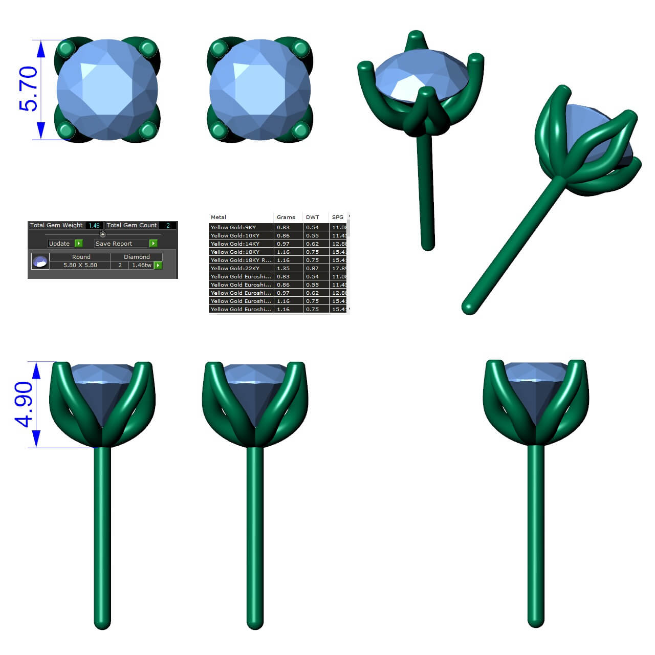 Diamond ear tops CAD design. 