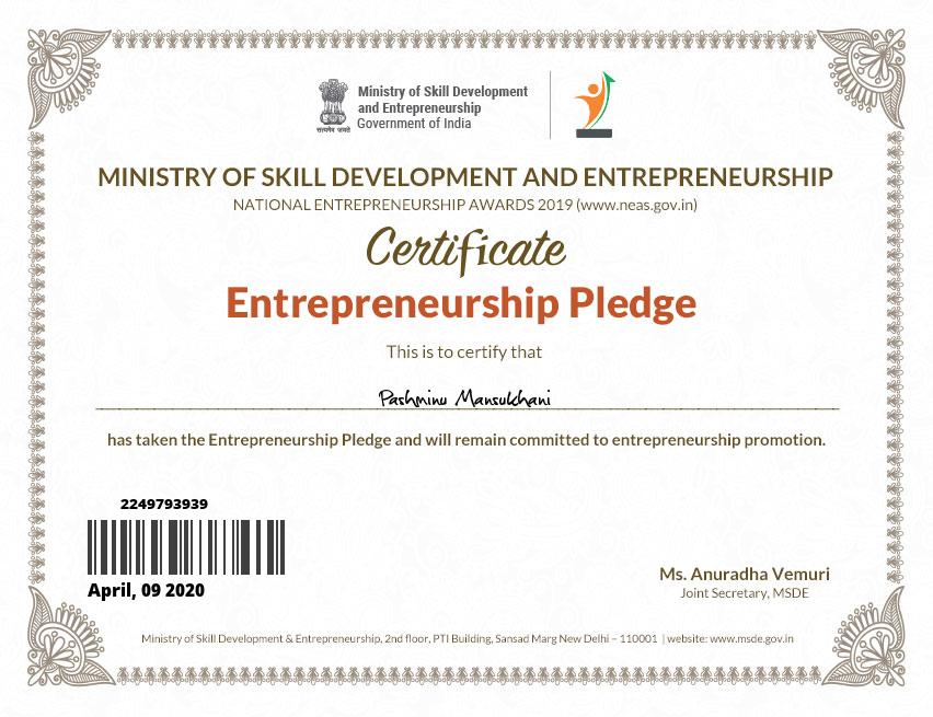 Enterpreneurship Certificate from Government of India