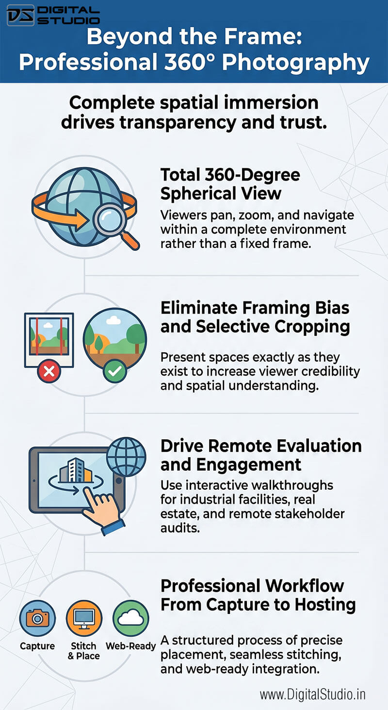 Infographic explaining professional 360-degree photography, spherical views, framing transparency, remote evaluation, interactive walkthroughs, stitching, hosting, and web-ready integration by Digital Studio