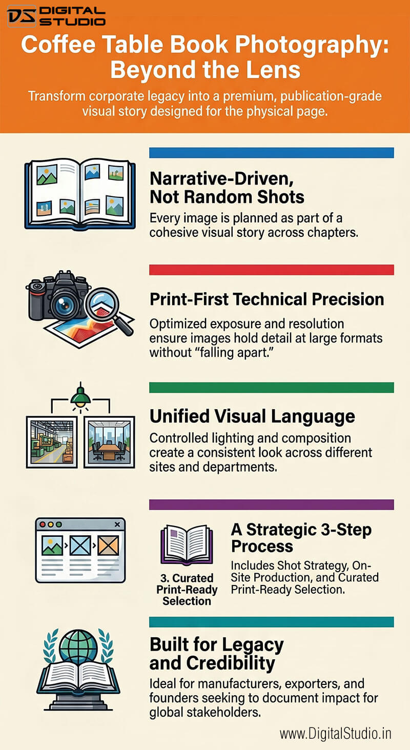 Infographic explaining coffee table book photography for corporate legacy, narrative-driven image planning, print-ready photography, unified visual language, curated selection, and publication-grade visual storytelling by Digital Studio