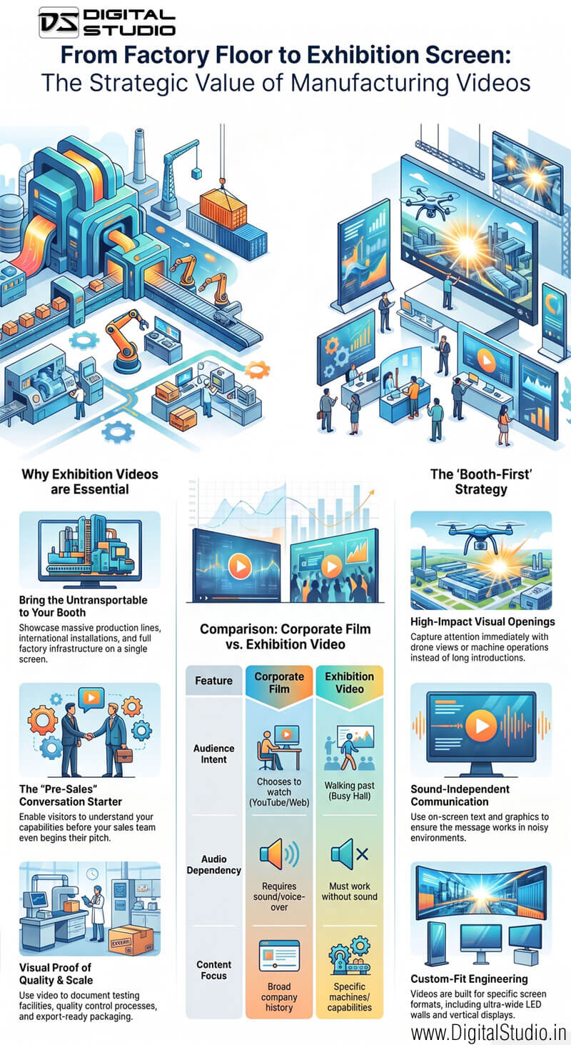 Infographic explaining the value of exhibition videos for OEMs and manufacturers, from factory floor filming to trade show screen display