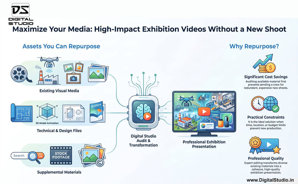 Infographic showing how existing factory footage, product images, technical files and stock media can be repurposed into an exhibition video without a new shoot