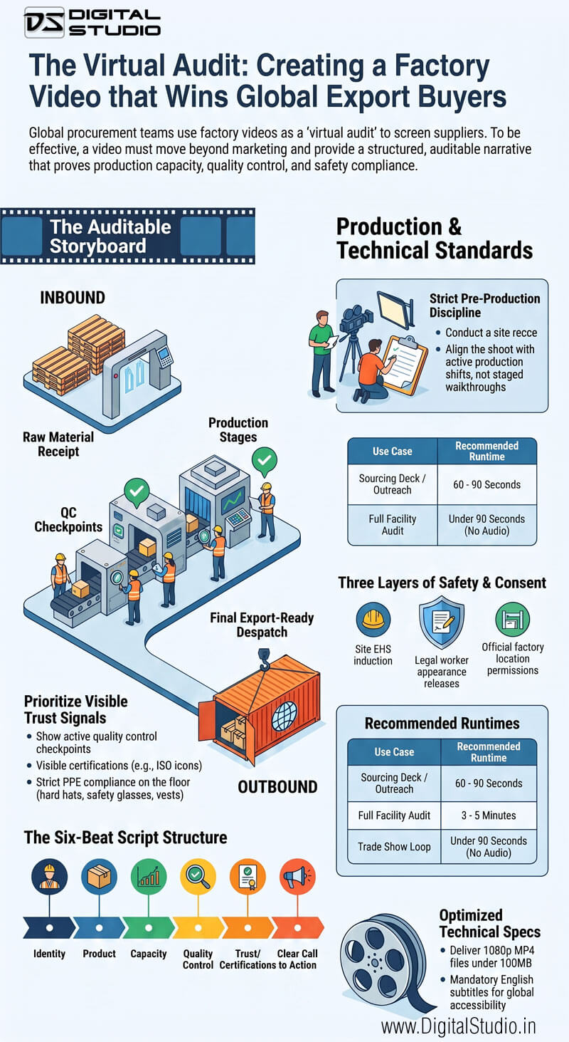 Infographic by Digital Studio titled 'The Virtual Audit', detailing the technical process of creating factory walkthrough videos for global export buyers. It covers the auditable storyboard from raw material receipt to outbound dispatch, the six-beat script structure (Identity, Product, Capacity, QC, Trust, CTA), safety compliance layers (EHS and DPDP consent), and optimized technical delivery specs for international procurement teams.
