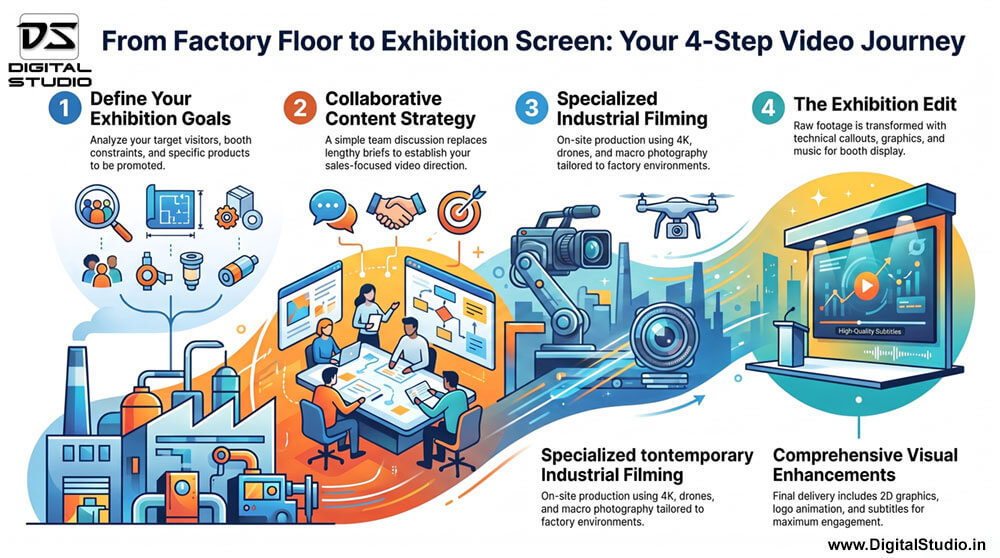 Infographic showing the four-step exhibition video production process for OEMs and manufacturers, from planning and factory filming to the final exhibition edit
