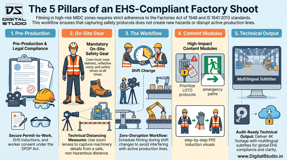Roadmap for EHS-compliant safety video production in India. Covering Factories Act requirements, PPE protocols for film crews, and ISO 45001 documentation.