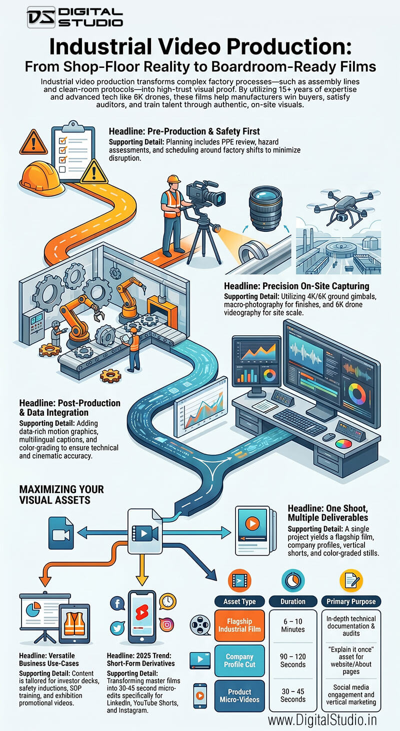 Infographic by Digital Studio detailing the professional industrial video production workflow. Key sections include pre-production safety planning, precision on-site capturing using 4K/6K drones and gimbals, post-production data integration with multilingual captions, and a breakdown of deliverables like Flagship Industrial Films, Company Profile Cuts, and Product Micro-Videos.
