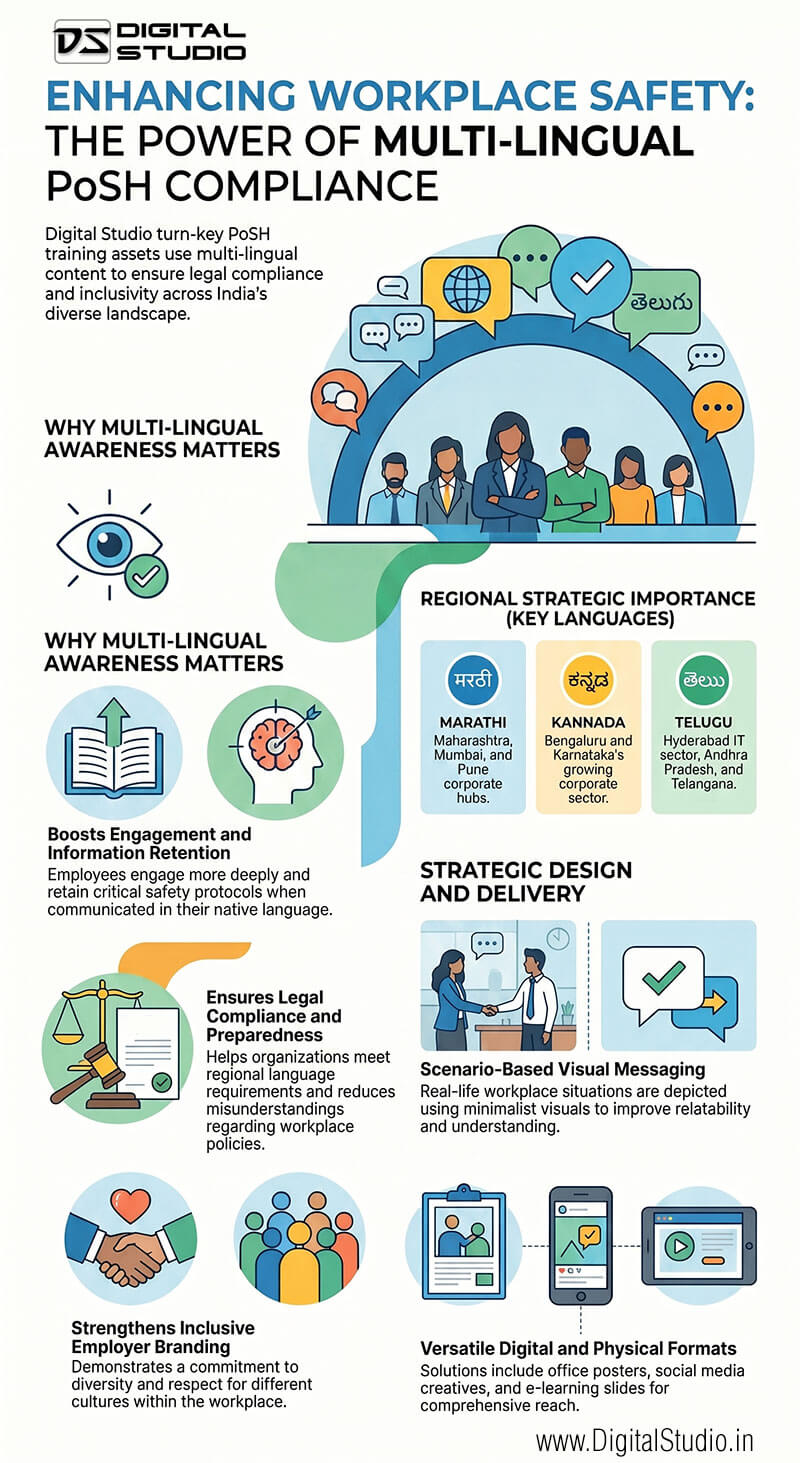 Infographic by Digital Studio explaining the importance of multilingual PoSH training in India. It covers benefits like improved information retention and legal compliance, focuses on regional languages like Marathi, Kannada, and Telugu, and highlights delivery via scenario-based visuals, e-learning, and office posters.