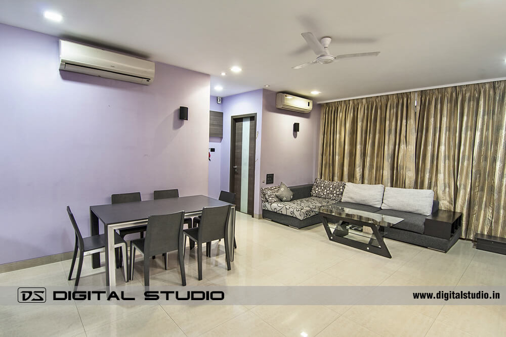 Living room with sofa set and dinning room with two ACs