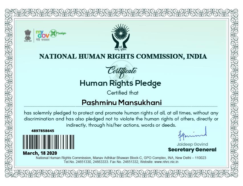 National Human Rights Certificate from Government of India
