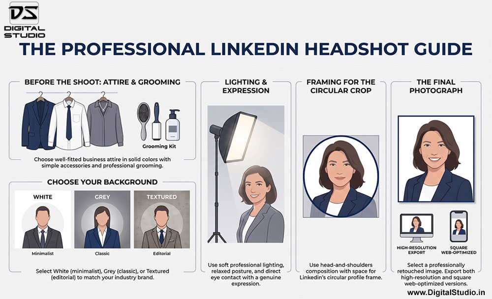 Illustrated LinkedIn headshot guide covering business attire, grooming, white, grey and textured backgrounds, studio lighting, circular profile cropping and image optimisation.