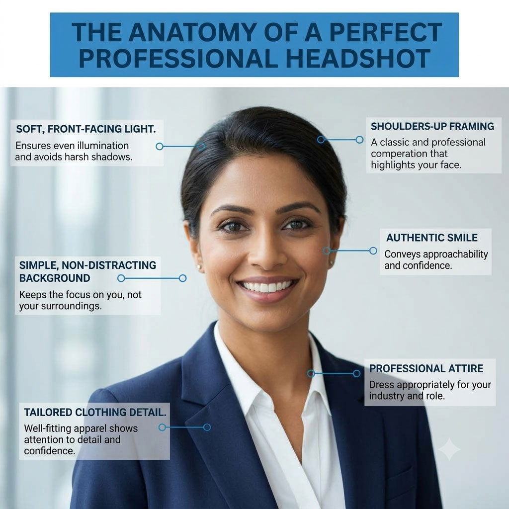Infographic explaining professional LinkedIn headshot photography, including lighting, framing, background, expression and business attire.