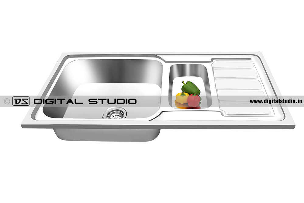 Stainless steel kitchen sink photograph with vegetables