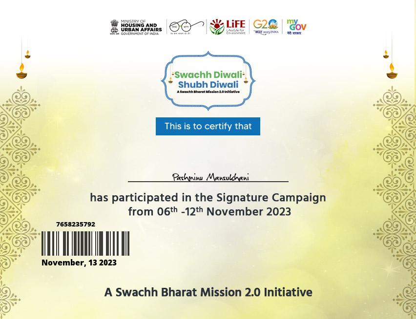 Swachh Diwali - 2023 certificate