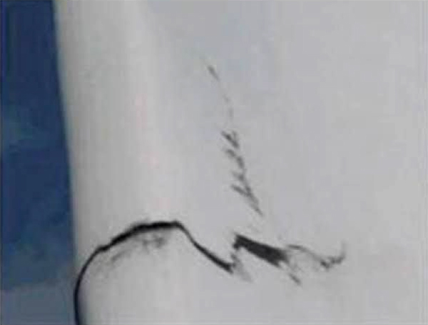 A damaged edge of a rotor blade