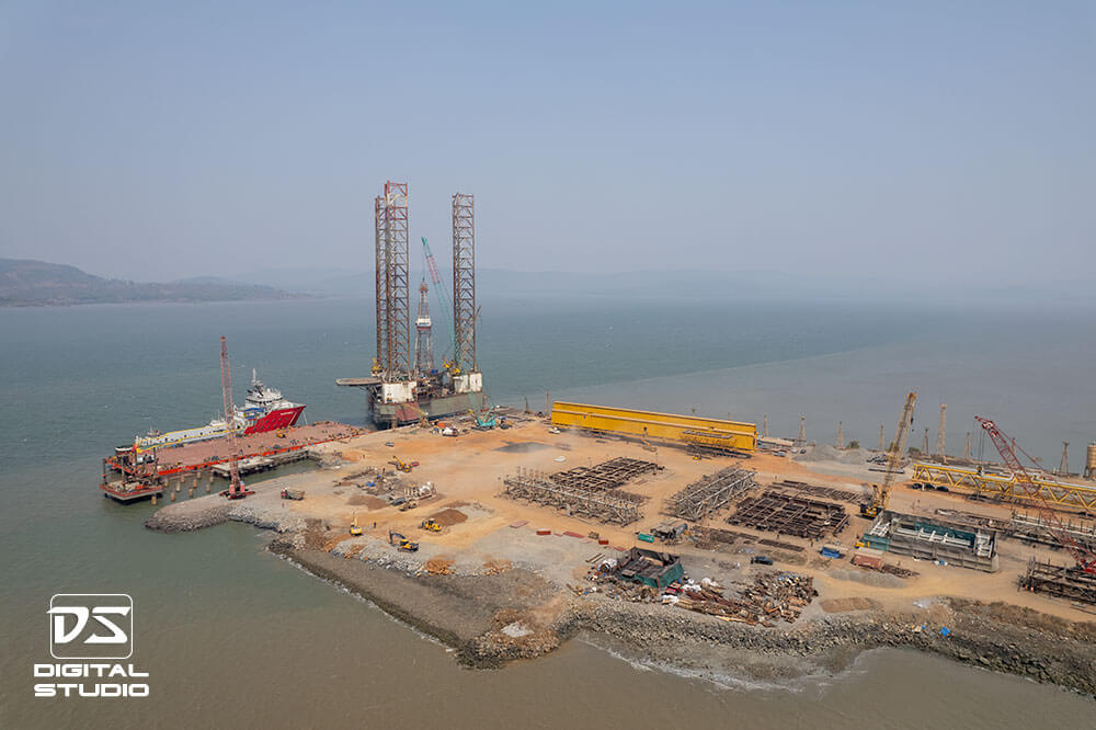 Jetty scene in a wide angle drone shot