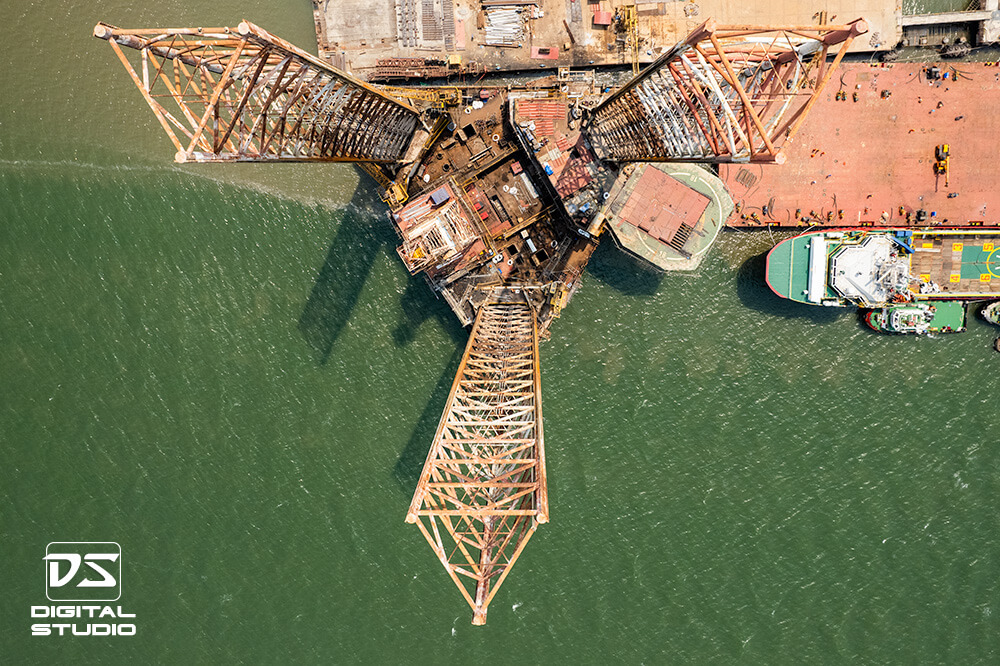 Top down view from a drone of an oil rig