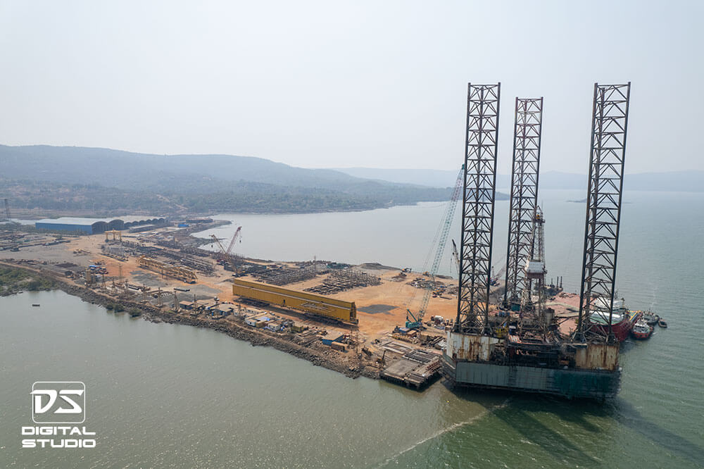 Aerial photo of shipping yard and jetty