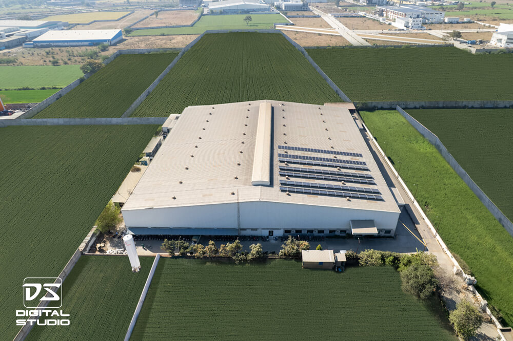 Aerial shot of factory and surroundings