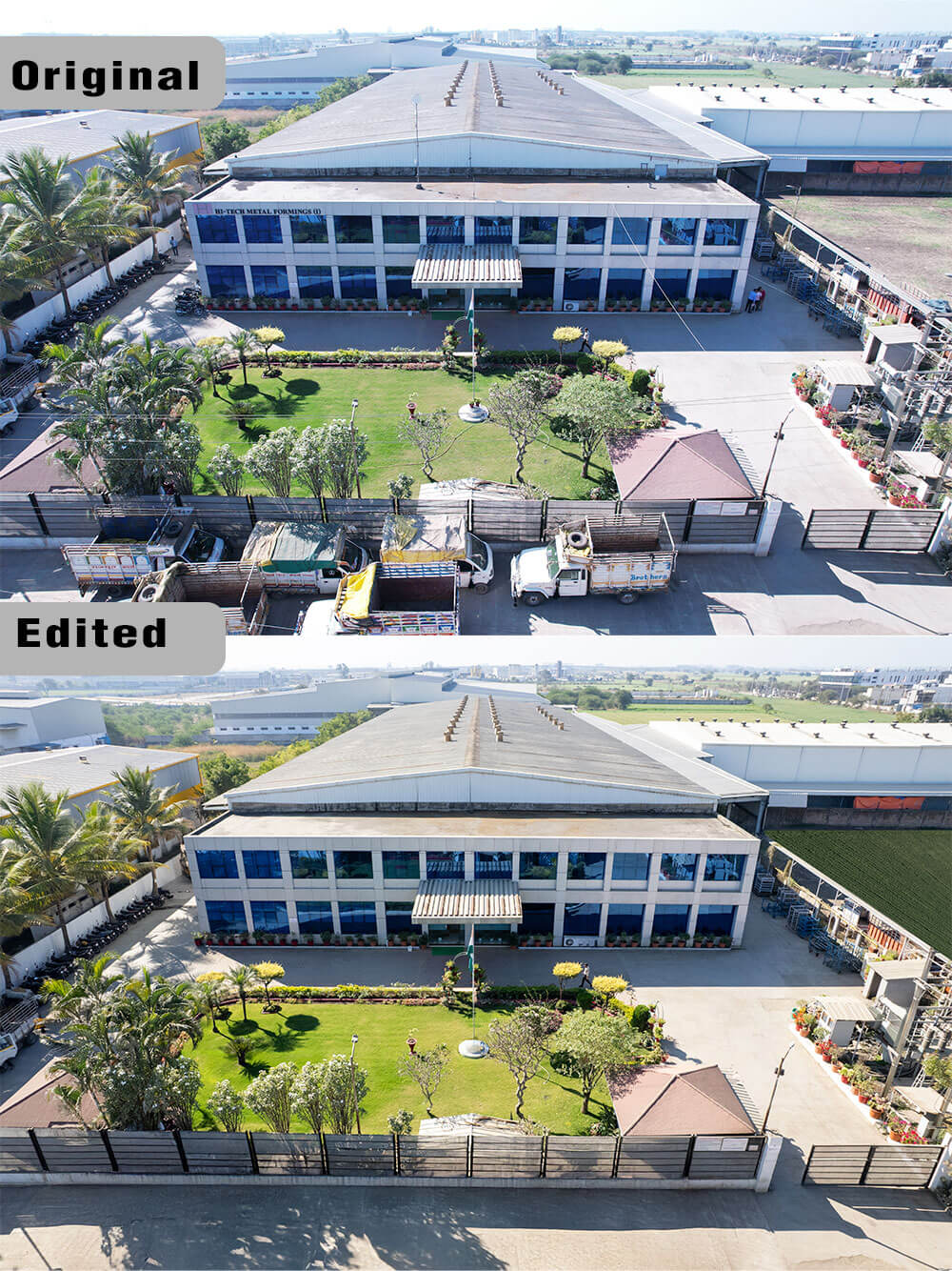 Birds eye view of a factory with front garden and main gate