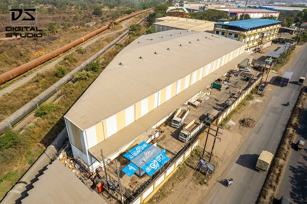 Drone photograph outside factory in day time