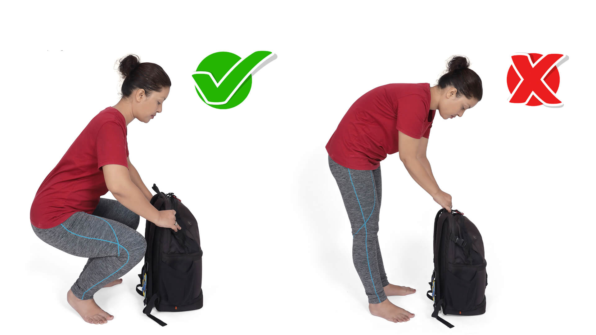 Wrong and correct posture to lift a heavy back pack