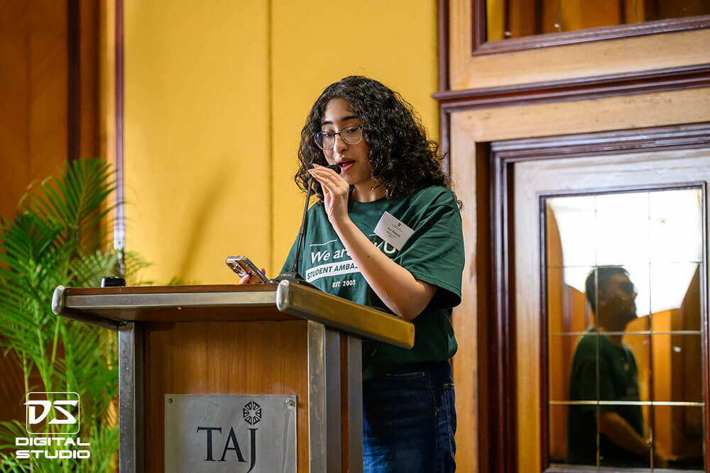 Student speaking on the podium