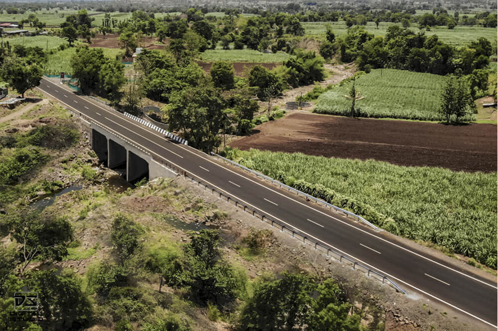 Drone documentation photograph of a bridge and approach road on the Karad Malkhapur highway corridor