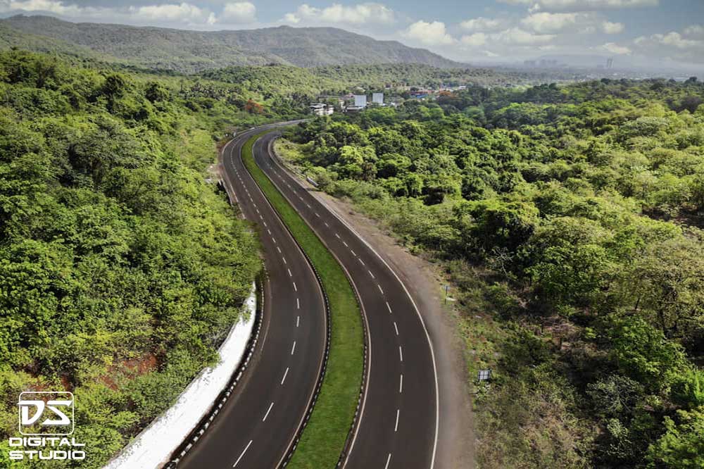 Aerial documentation photograph of a divided highway carriageway on the Panvel Indapur corridor