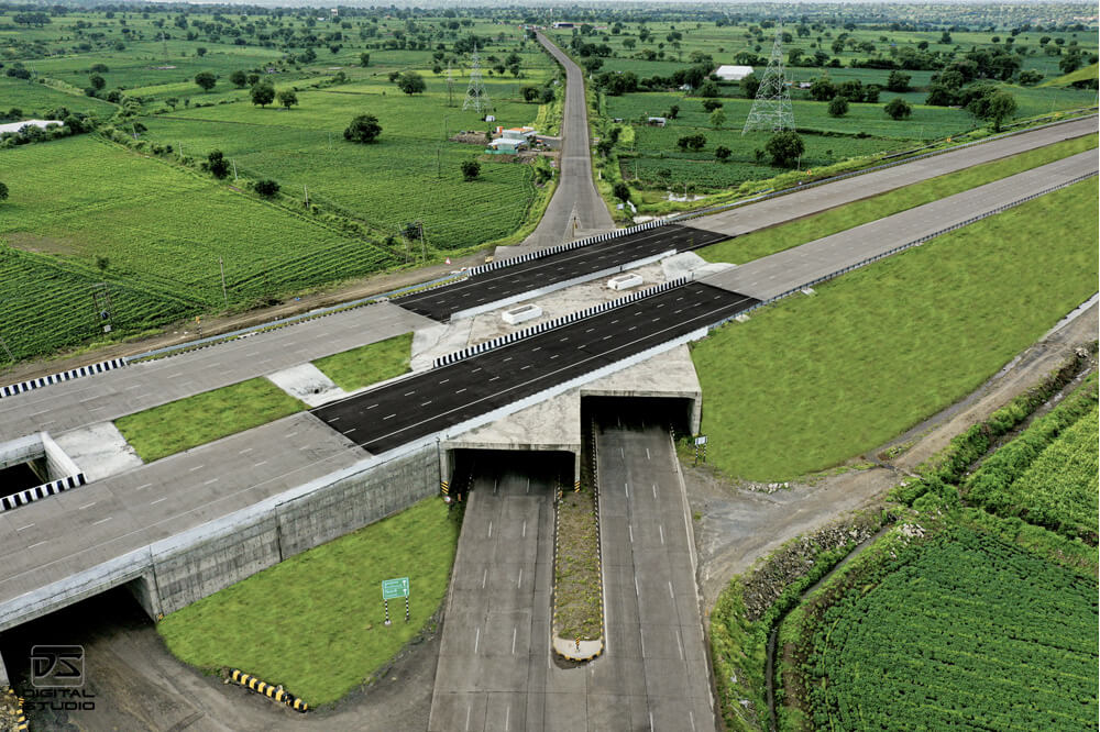 Drone photograph of a highway interchange structure on the Chikhli Mehkar route