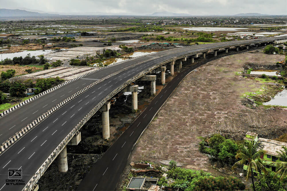 Aerial documentation photograph of an elevated highway structure on the Panvel Indapur corridor