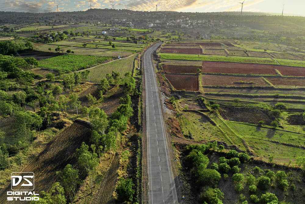 Drone documentation photograph of a national highway corridor on the Vita Nagaj route