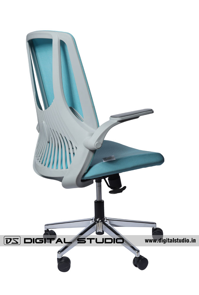 Blue office chair - back view