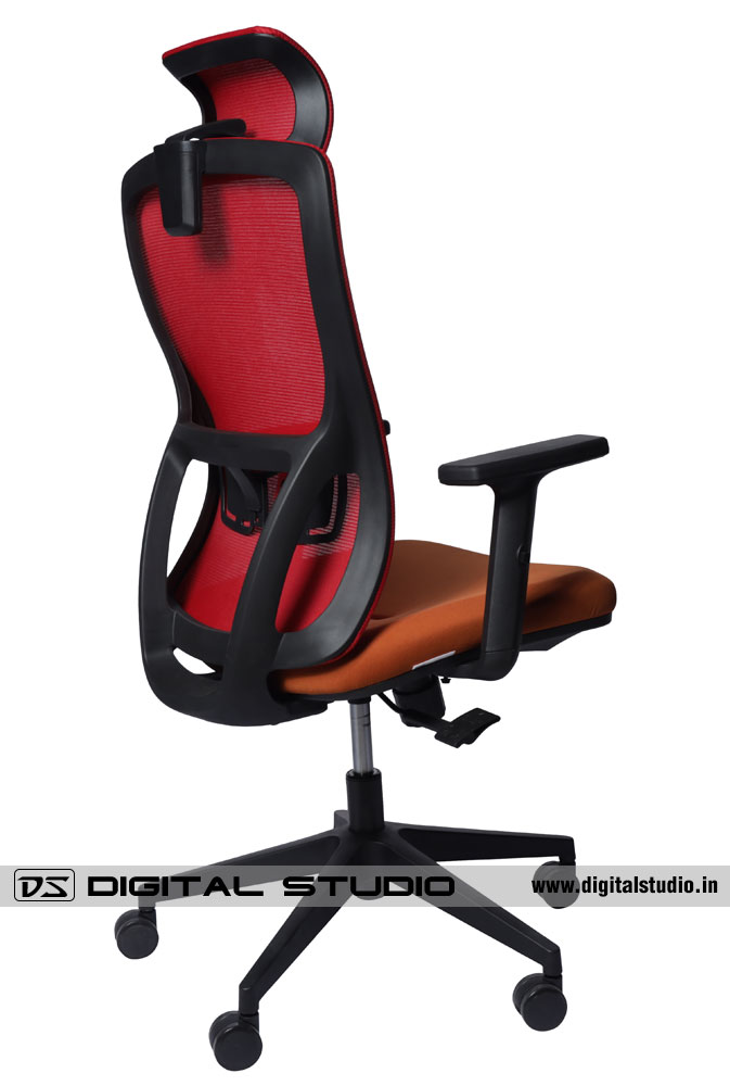 Red office chair with neck rest - back view