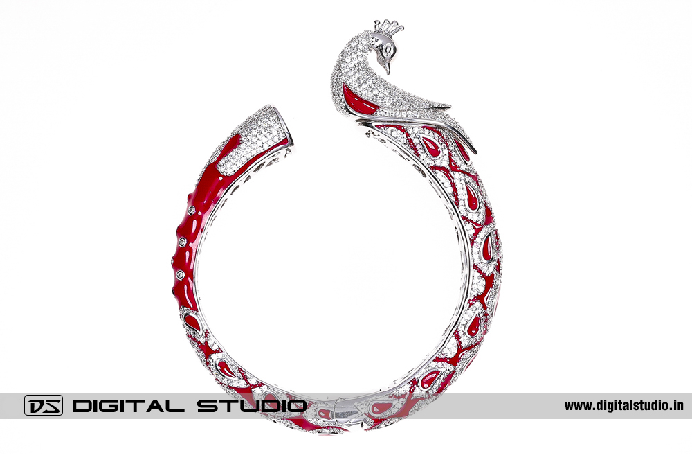 Red peacock design silver bangle