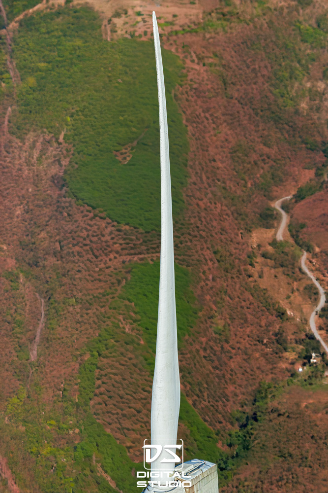 Full-length drone inspection panorama of wind turbine blade A showing root to tip surface condition
